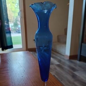 Vintage blue depression glass vase with etched flowers